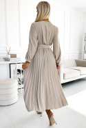 Plisowana sukienka midi z szerokim paskiem - Beżowa