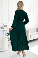 Plisowana sukienka midi z szerokim paskiem - Butelkowa zieleń