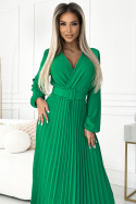 Plisowana sukienka midi z szerokim paskiem - Zielona