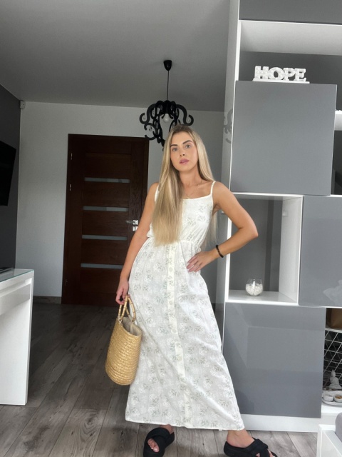 Długa sukienka damska maxi na ramiączkach w kwiaty - Biała Długa sukienka damska maxi na ramiączkach w kwiaty - Biała