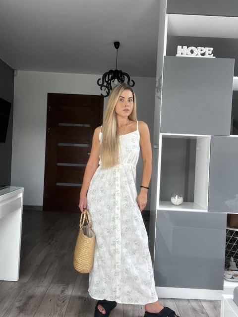 Długa sukienka damska maxi na ramiączkach w kwiaty - Biała Długa sukienka damska maxi na ramiączkach w kwiaty - Biała