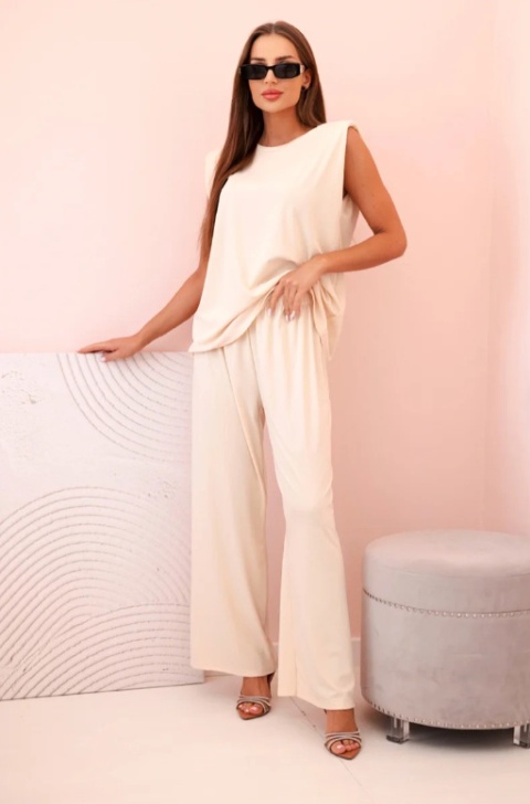 Komplet damski z wiskozy bez rękawów i prostymi spodniami Beżowy