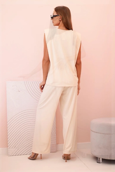 Komplet damski z wiskozy bez rękawów i prostymi spodniami Beżowy