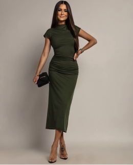 Sukienka prążkowana midi z krókim rękawem Khaki
