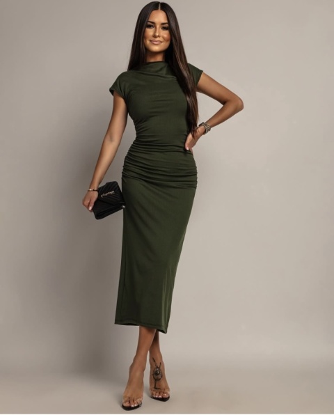 Sukienka prążkowana midi z krókim rękawem Khaki
