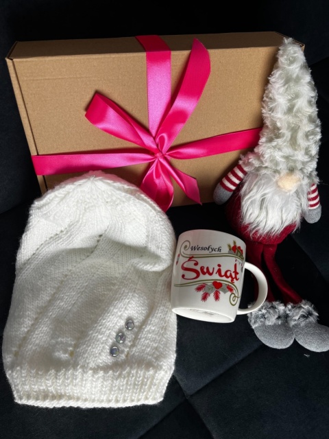 Box prezentowy czapka, mini krasnal i kubek świąteczny
