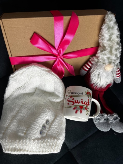Box prezentowy czapka, mini krasnal i kubek świąteczny