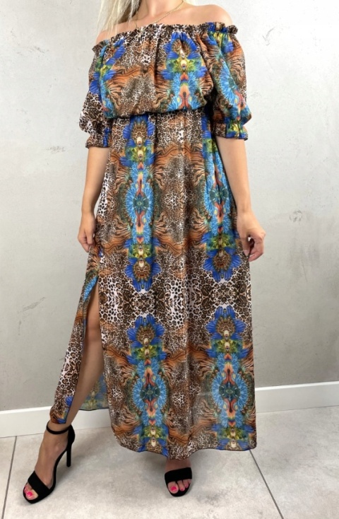 Sukienka Maxi hiszpanka print kwiaty wzór brązowa