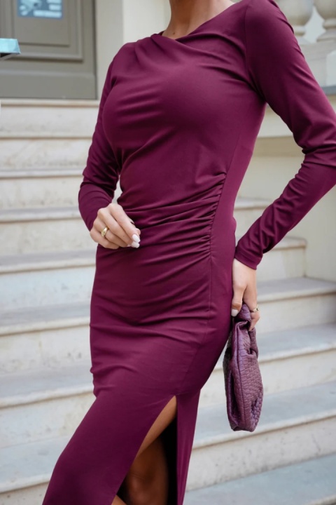 Sukienka bordowa midi z długim rękawkiem